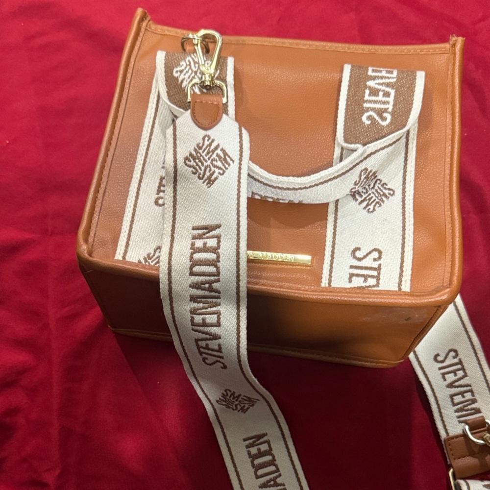 Steve Madden Brown Crossbody Bag with White Logo Strap